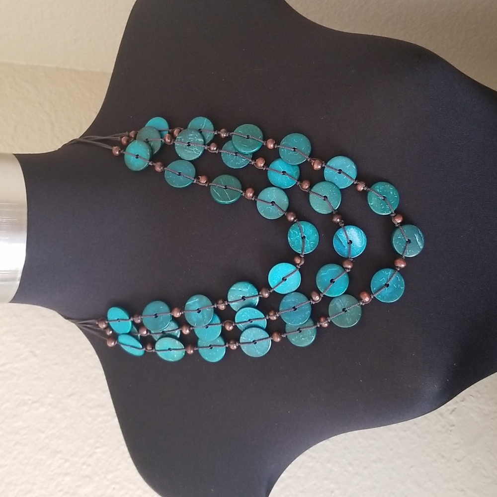 Multi Strand Blue Brown Wood Bead Necklace